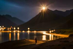 un persona caminando a lo largo el playa a noche. generado por ai foto