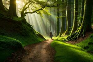 a person walking down a path in the forest. AI-Generated photo