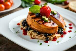 grilled salmon with blueberries and tomatoes on a white plate. AI-Generated photo