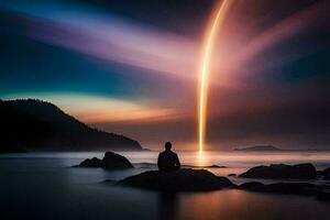 a man sitting on rocks in front of a rocket. AI-Generated photo