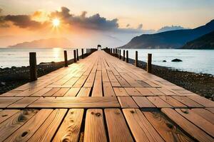 a wooden pier stretches out into the ocean at sunset. AI-Generated photo