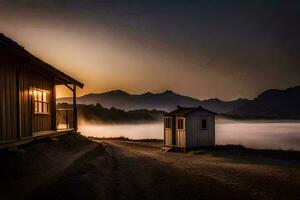 a cabin in the fog with mountains in the background. AI-Generated photo