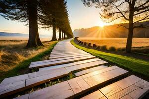 a wooden pathway leads to the sun in the morning. AI-Generated photo