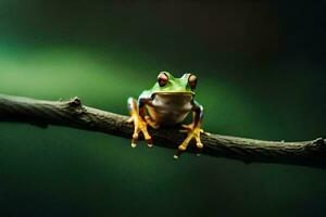 a frog sitting on a branch with a green background. AI-Generated photo