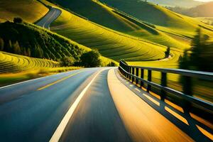 a car driving down a road with the sun setting behind it. AI-Generated photo