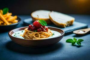 spaghetti with cream sauce and berries on a dark table. AI-Generated photo