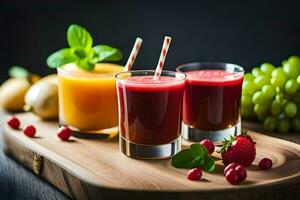 juice and fruit on a wooden tray. AI-Generated photo