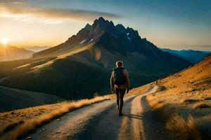 un hombre caminando abajo un suciedad la carretera en el montañas. generado por ai foto