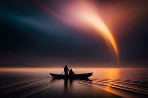 two people in a boat at night with a bright light. AI-Generated photo
