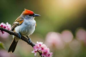 a bird with red head sitting on a branch. AI-Generated photo