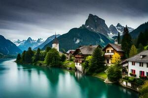 un hermosa montaña pueblo con un lago y montañas en el antecedentes. generado por ai foto