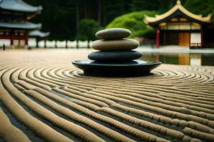 a zen garden with stones and a pagoda. AI-Generated photo