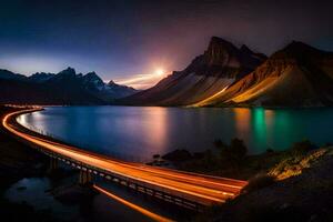 a bridge over a lake at night with mountains in the background. AI-Generated photo