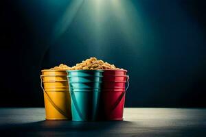 three buckets of popcorn on a dark table. AI-Generated photo