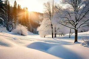 a snowy landscape with trees and sun. AI-Generated photo