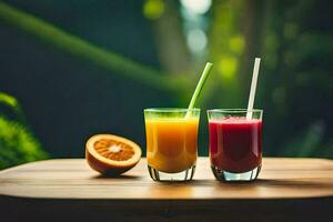 two glasses of juice with straws on a table. AI-Generated photo