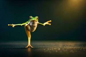 a frog is standing on its hind legs and stretching. AI-Generated photo