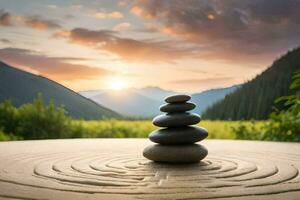 a stack of stones on top of a circular table in front of a mountain. AI-Generated photo