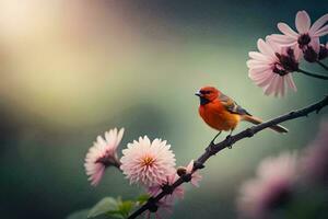 photo wallpaper the bird, flowers, nature, spring, the sun, the flowers, the bird. AI-Generated
