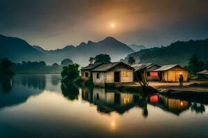 un pequeño pueblo se sienta en el apuntalar de un lago a puesta de sol. generado por ai foto