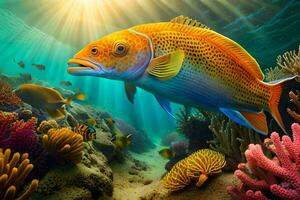 fish in the ocean with coral reefs and sun. AI-Generated photo