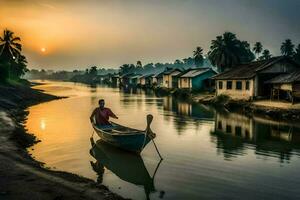un hombre en un barco en un río a puesta de sol. generado por ai foto