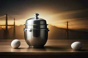 eggs on a table with a silver canister. AI-Generated photo
