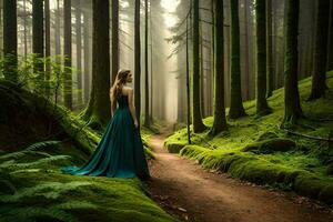 a woman in a green dress standing on a path in the middle of a forest. AI-Generated photo