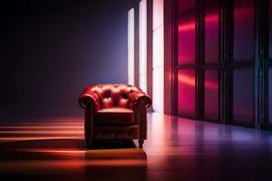 a red leather chair in a dark room. AI-Generated photo