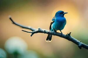 a blue bird sits on a branch in the sun. AI-Generated photo