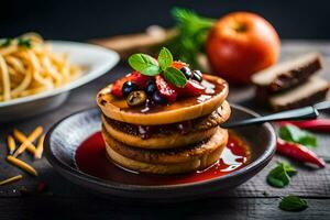 a stack of pancakes with fruit and sauce. AI-Generated photo