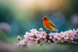 a bird is perched on a branch of cherry blossoms. AI-Generated photo