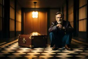 a man sitting on a checkered floor with a suitcase. AI-Generated photo