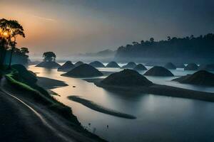 the sun rises over a river with some mounds in the foreground. AI-Generated photo