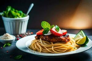 a plate of spaghetti with chicken and tomatoes. AI-Generated photo