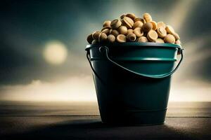 a bucket full of peanuts sitting on a table. AI-Generated photo