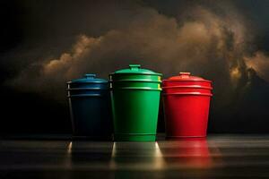 three colorful plastic cups on a dark background. AI-Generated photo