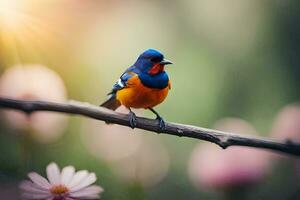 a colorful bird sits on a branch in the sun. AI-Generated photo