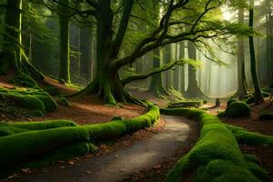 a path through a forest with mossy trees. AI-Generated photo