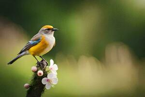 un pequeño pájaro con un amarillo cabeza y azul ojos es encaramado en un rama. generado por ai foto