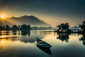 un barco se sienta en el agua a amanecer. generado por ai foto