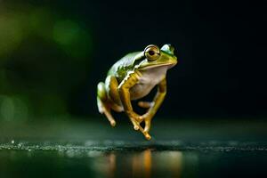 a frog jumping on a black background. AI-Generated photo