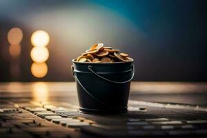 a bucket filled with coins on a table. AI-Generated photo