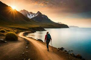 un persona caminando a lo largo un camino cerca el agua y montañas. generado por ai foto