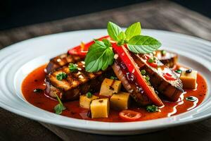 un plato de comida con carne y vegetales. generado por ai foto