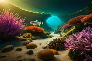 photo wallpaper sea, coral, fish, coral reef, the sun, underwater, underwater, underwater. AI-Generated