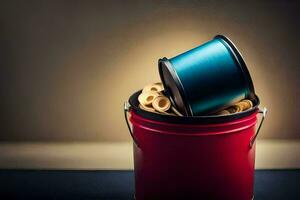 a red and blue can with a spool of thread in it. AI-Generated photo