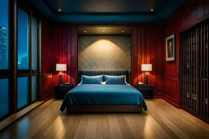 a bedroom with red walls and wood floors. AI-Generated photo