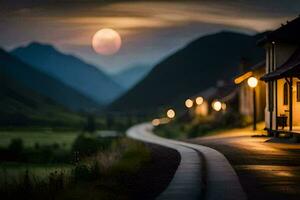 un la carretera con un casa y un montaña en el antecedentes. generado por ai foto