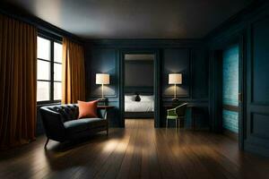 a room with dark blue walls and wooden floors. AI-Generated photo